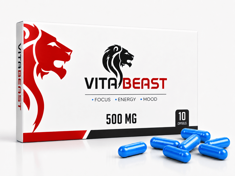 Complément alimentaire VitaBeast Blue 500 mg avec boîte originale et gélules bleues