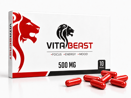 Complément alimentaire VitaBeast Red 500 mg avec boîte originale et gélules rouges